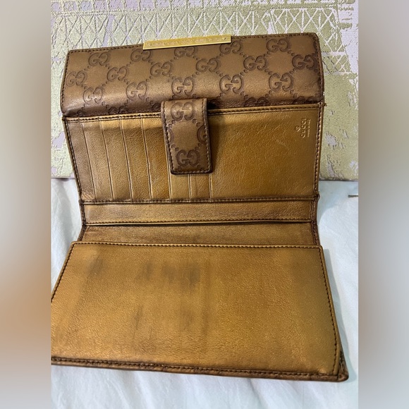 Gucci Long Wallet Brown Gold Bifold Checkbook Purse ID Cards Holders Womens Gift - Picture 12 of 13
